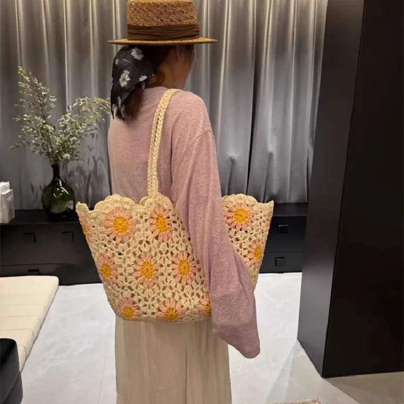 Fashion Vintage Flowers Handmade Knitting Crochet Shoulder Bag Knitted Handbags Luxury Tote Women Designer Female Hand Bag