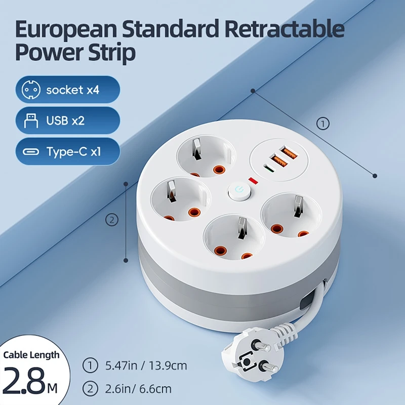 2.8미터 연장선, 4개 AC 콘센트, 2개 USB 포트, 1개 타입 C EU 플러그 충전 스위치가 있는 멀티탭 벽면 소켓 연장기