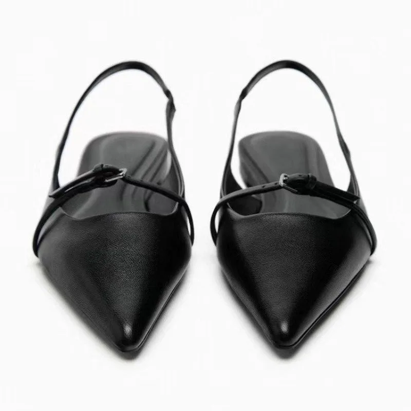 2024 Summer New Women\'s Sandals Women\'s Black Pointed Bun Head with A Line After Empty French Simple Casual Sandals Zapatillas
