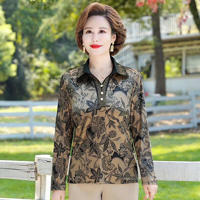 

Middle-aged Woman 5XL Tops For Women Bottoming Autumn Winter Turn Down Neck Long Sleeve Pullover Coats Female Clothing Shirt