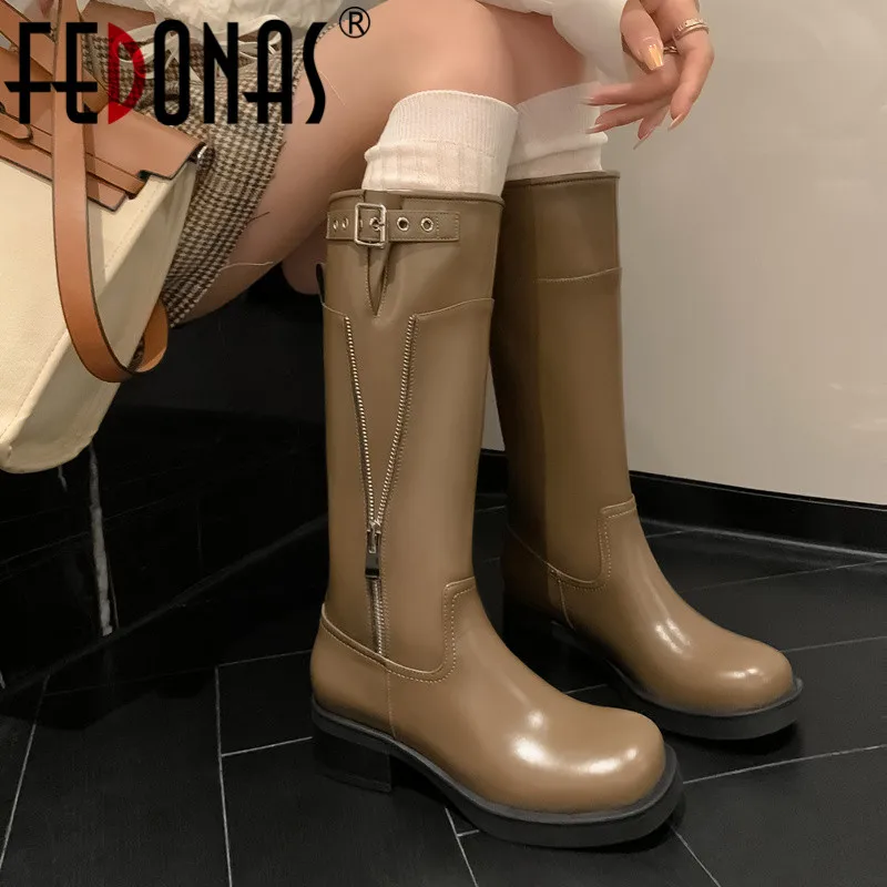 

Женские сапоги до колена FEDONAS, черные сапоги из натуральной кожи с круглым носком, Осень-зима 2023