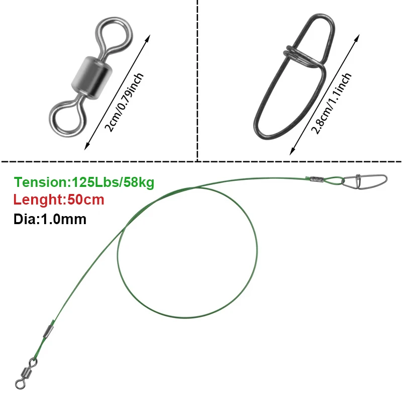 30 Stück Durchmesser 1,0 mm Meeresangel-Vorfachschnur 125LB 50 cm hochfeste Edelstahl-Drahtschnur mit Wirbeln und Druckknöpfen Angelwerkzeuge – Detail 3
