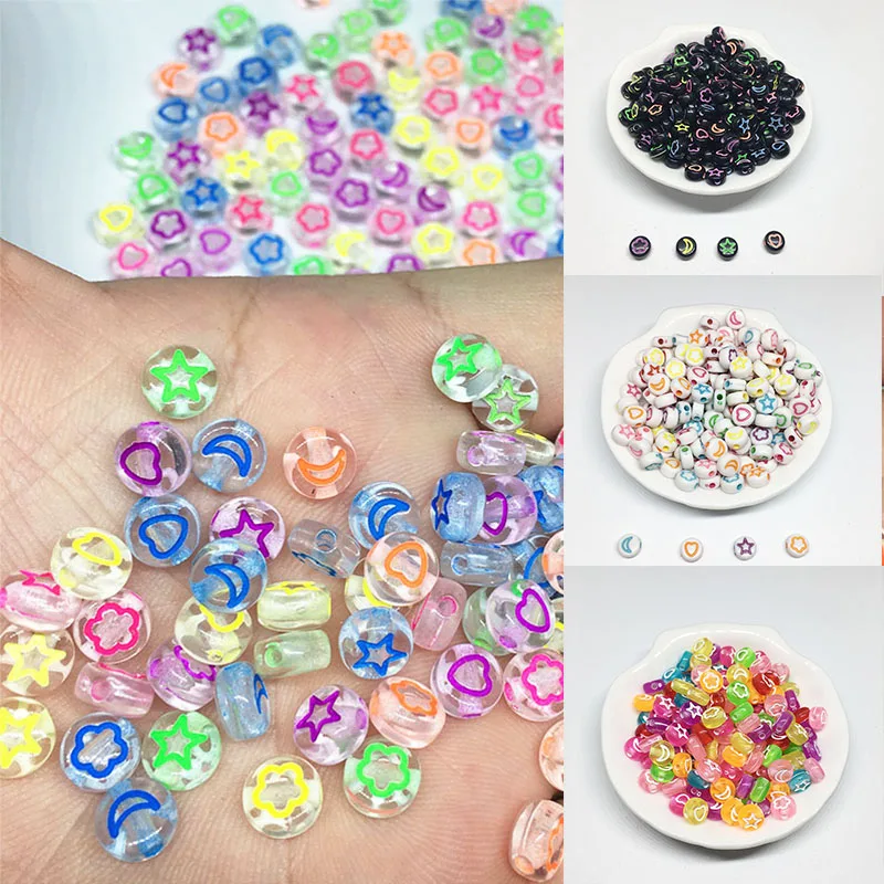 

100pcs/lot 4*7mm Loose Beads Moon Star Heart Flower Mixed Spacer Beads For DIY Bracelet Necklace Jewelry Making Accessories
