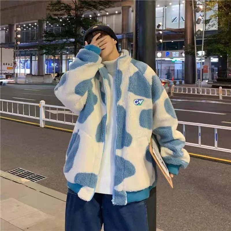 Lamb Velvet Jacket Male Korean Version Of Harajuku Trend Winter Thickening Couple Wear Streetwear Top Shirt Youth Sweatshirt 2021 winter ins tide brand printed tie dye plus velvet sweater male korean version loose women trend wild couple hedging hoodie