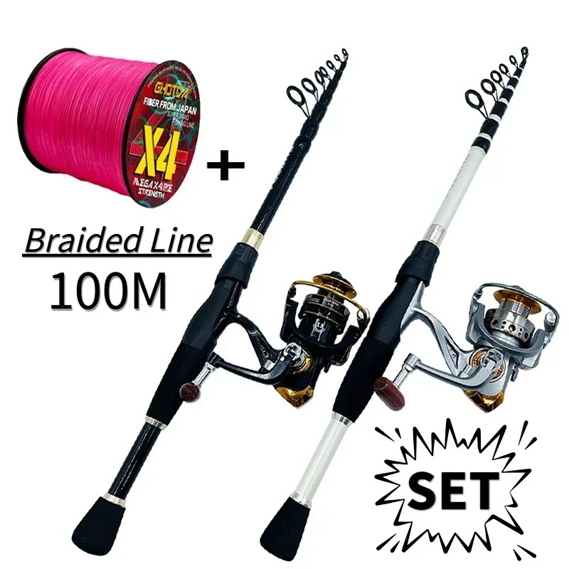 1.6-2.4m Telescopic Lure Fishing Rod and Reel Combo Spinning Carbon Pole 1000-4000 Series Baitcasting Wheel with Line Kits Pesca Fishing Rod and Reel Combo