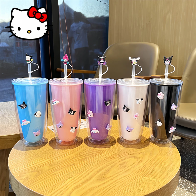 

Kawaii Sanrio Kuromi Water Cup MyMelody Cinnamoroll Cute Cartoon Double Layer Large Capacity Couple Straw Cold Drink Cup Gift