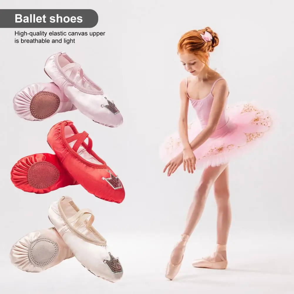 

Elastic Dance Shoes Girls Ballet Shoes with Soft Sequin Crown Pattern Anti-skid Bottom Elastic Band for Toddler Big Kid Children