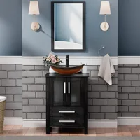 24" Black Bathroom Vanity with Tempered Glass Sink,Modern Bathroom Vanity Cabinet, Pop Up Drain Included,Mirror Not Included 1