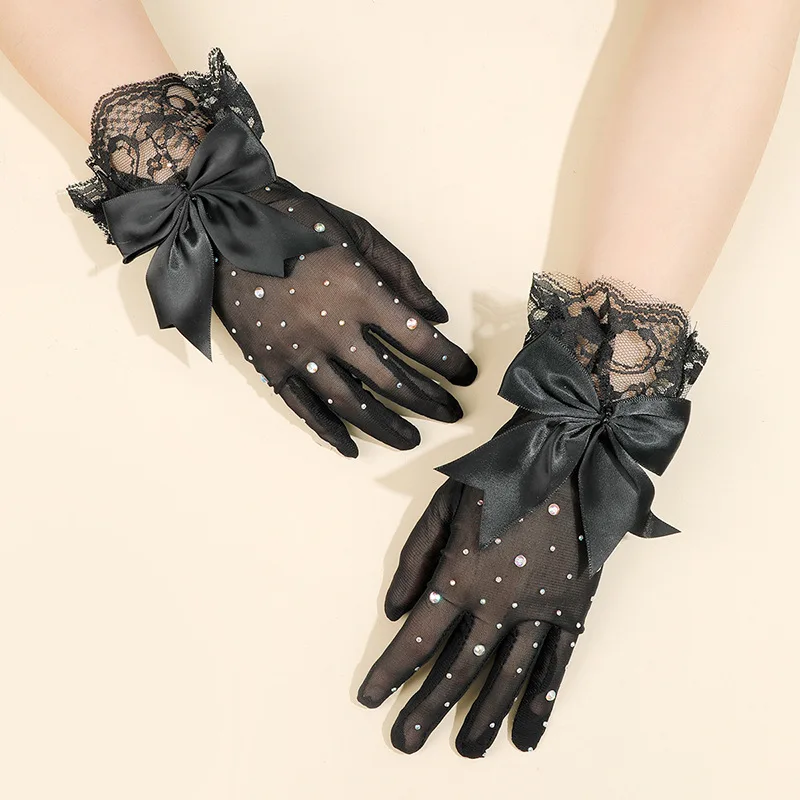 New Halloween cosplay dress gloves Mesh flash drill black lace bow gloves cobweb gloves sexy black lace gloves elasticity lace mesh gloves party dressing props halloween decoration glove decorative new