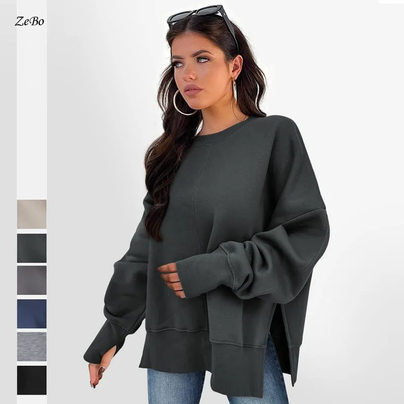 

New European and American Style Pullover Long Sleeved Top High-end Women's Solid Color Split Round Neck Hoodie
