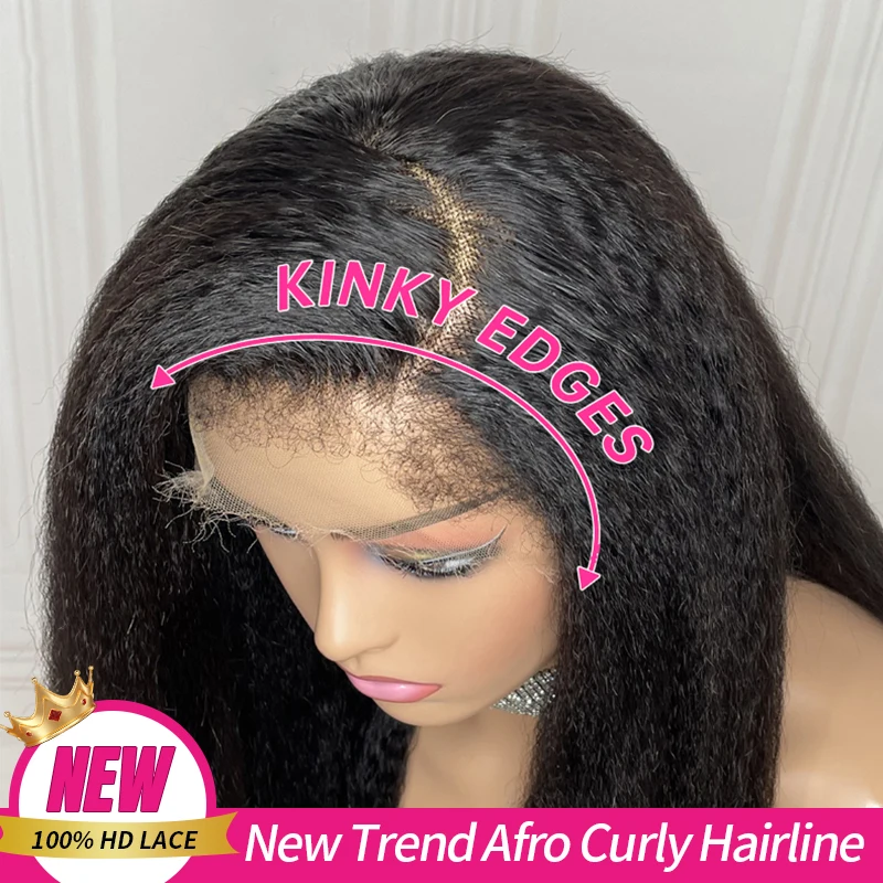 

Kinky Straight Type 4B 4C Natural Edges Kinky Hairline Wig Yaki Straight 13x4 HD Lace Frontal Wig With Curly Baby Hair For Women