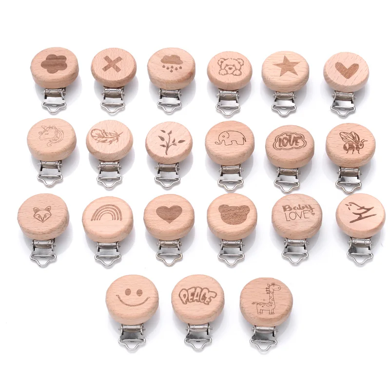 1Pcs 21 Style Baby Beech Pacifier Clips Heart Animal Rainbow Pattern Wooden Metal Clips For Nipple Holder Dummy Clip Soother