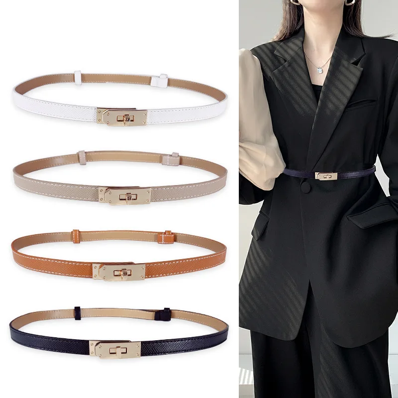 

Fashion Adjustable Thin Belt Luxury Black PU Leather Female Designer Girdle Korean Corset Metal Buckle Belts For Women White