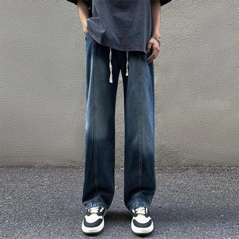 Autumn Winter New Vintage Loose Casual Wide Leg Jeans Male Drawstring Elastic Waist All-match Denim Pants Hombre Men's Clothing