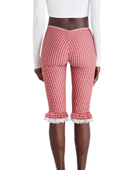 Women s Plaid Capri Pants with Lace Ruffles and Stretchy Cropped Leggings for Summer Casual Wear 3