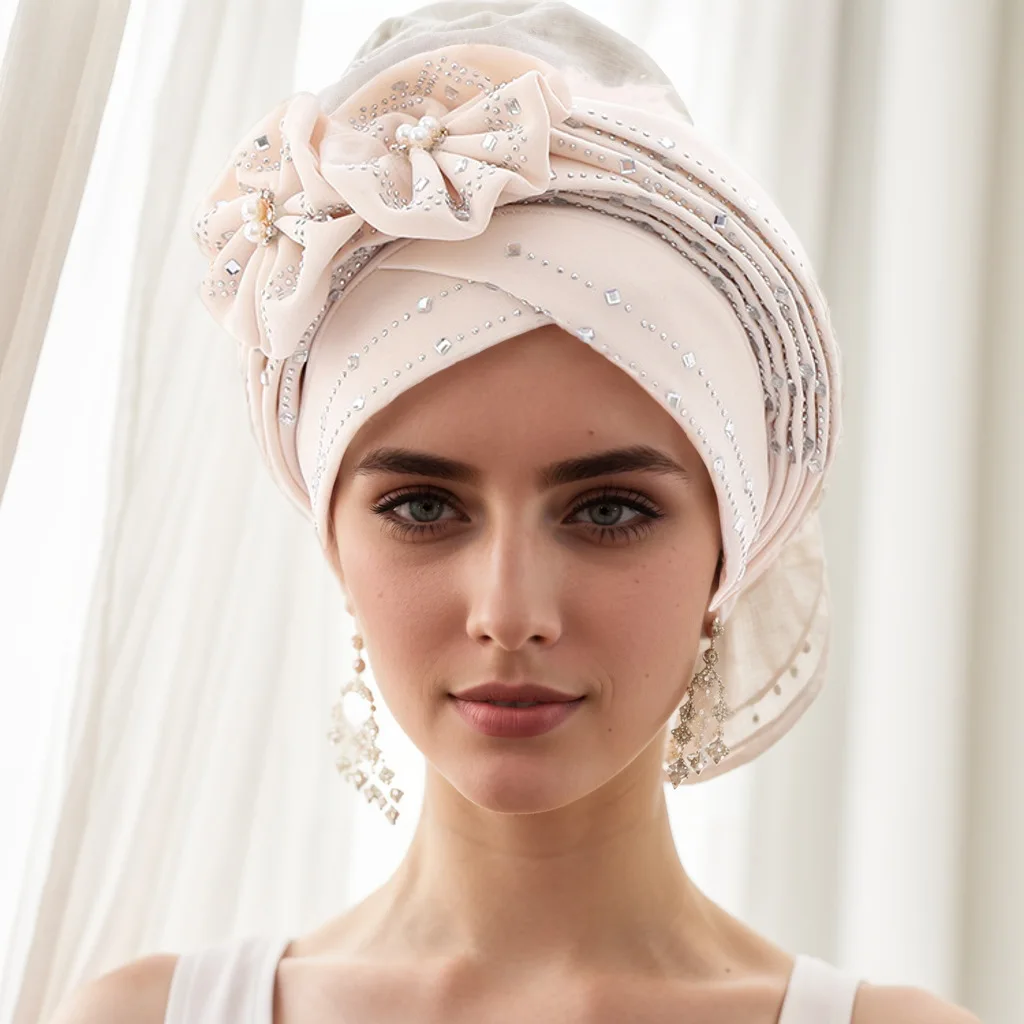 1 Casual Bun Hat Space layer ironed drill two flower multi-layer African dinner hat Auto gele Bun Hat 5