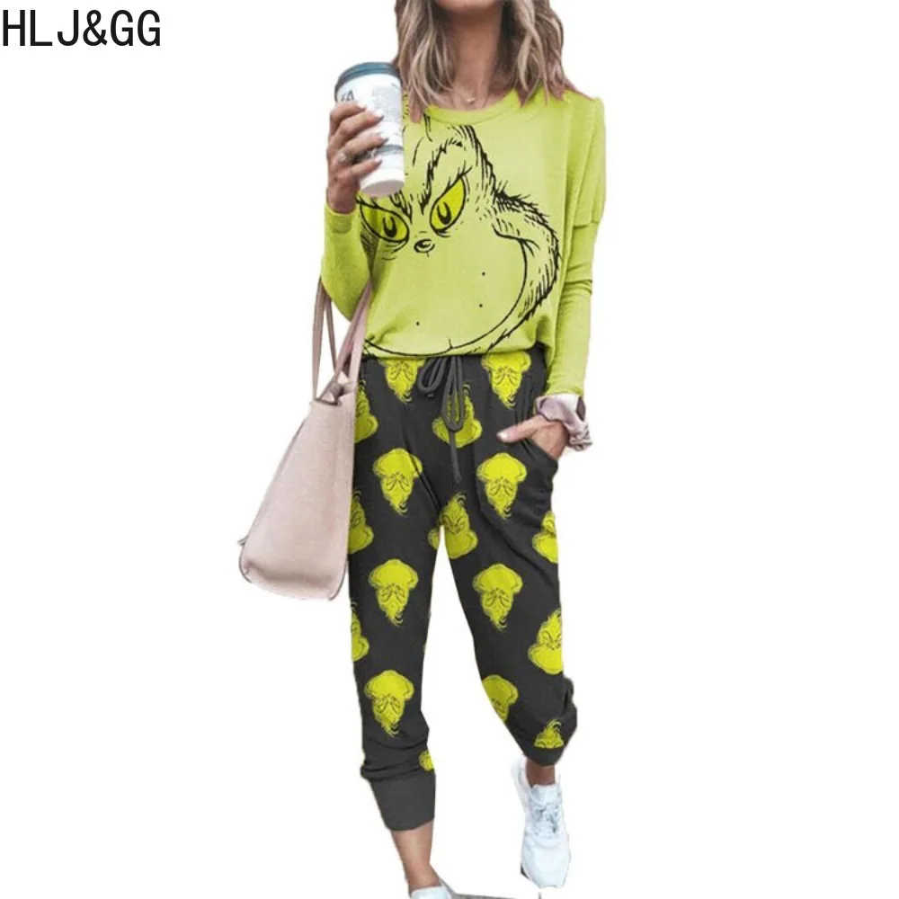 HLJ&GG Fashion Street Style Women Round Neck Long Sleeve Top And Jogger Pants Two Piece Sets Female Matching Sporty 2pcs Outfits