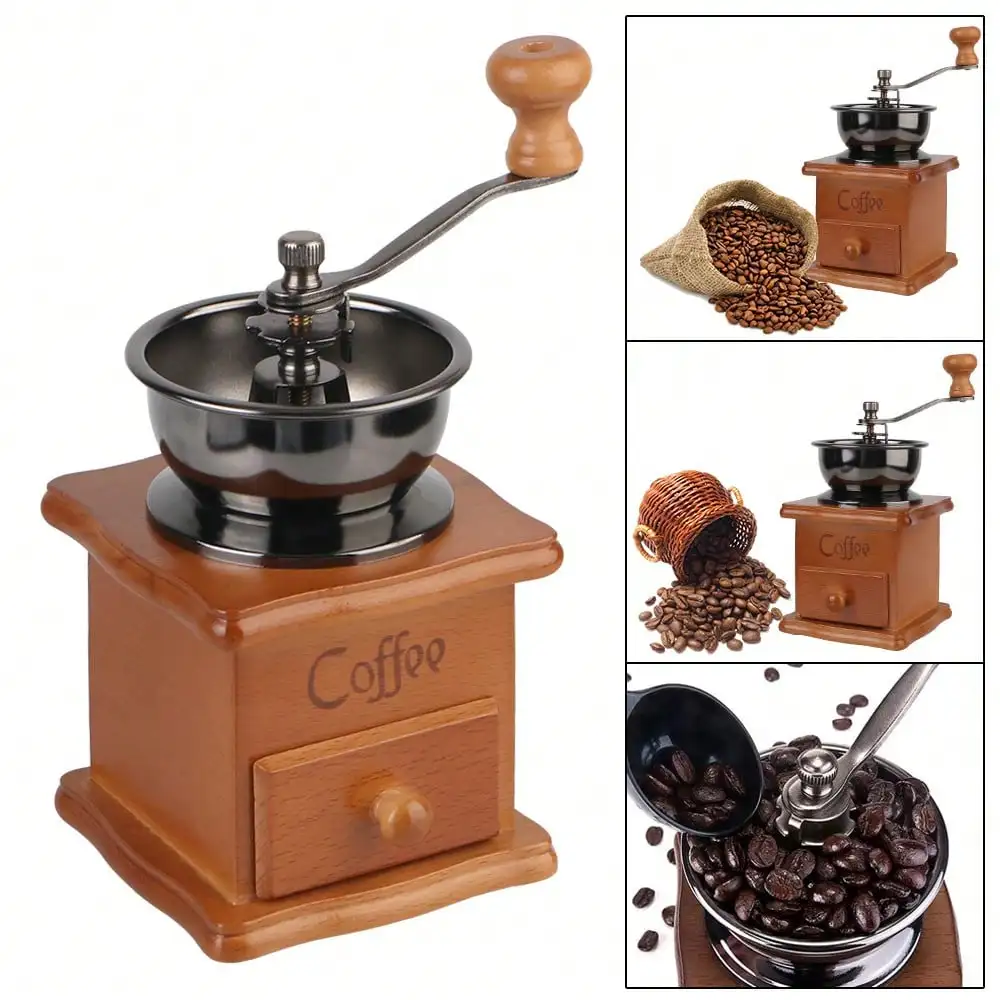Manual Coffee Bean Grinder Retro Style Utensils Stainless Steel Handle With Ceramic Millston Spice Burr Mill Coffee Wooden Back