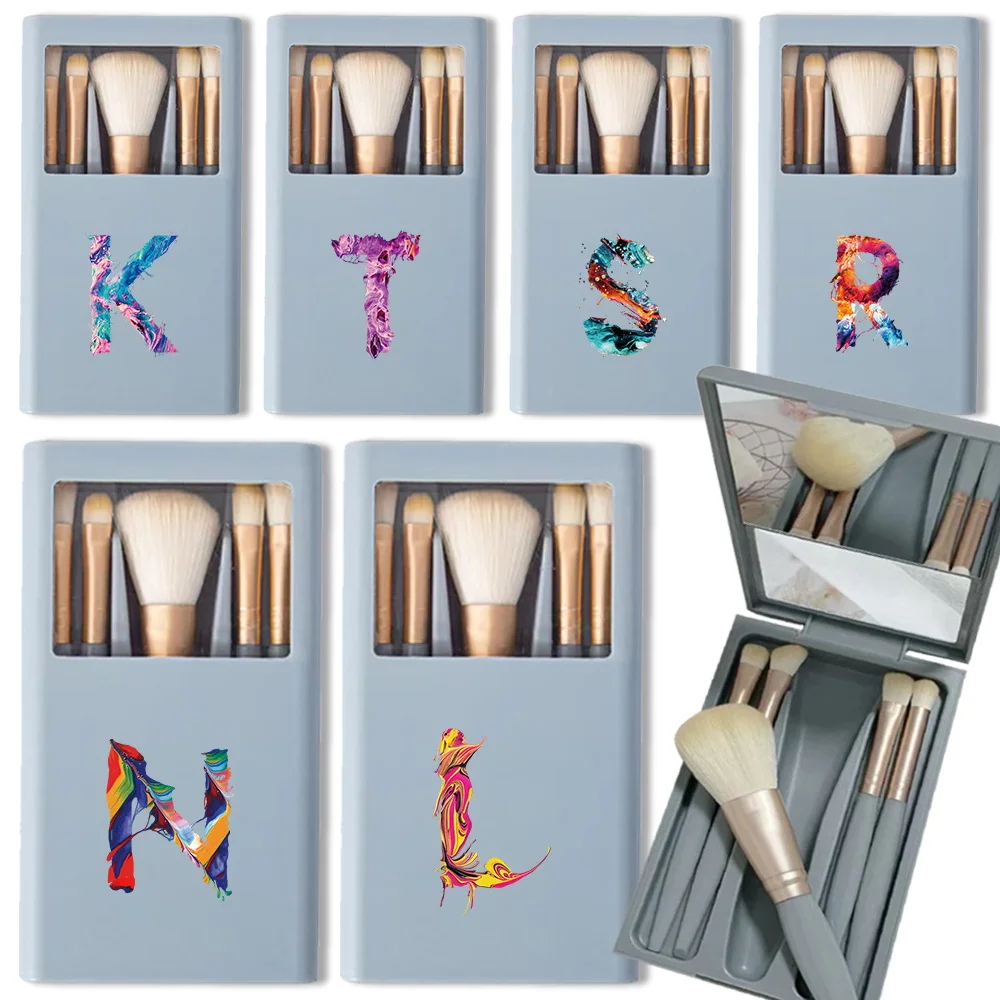 

5Pcs Cosmetic Brush Kit Soft Makeup Brush Set With Mirror Travel Box Portable Organizer Holder Beauty Tools Paint Letter Pattern