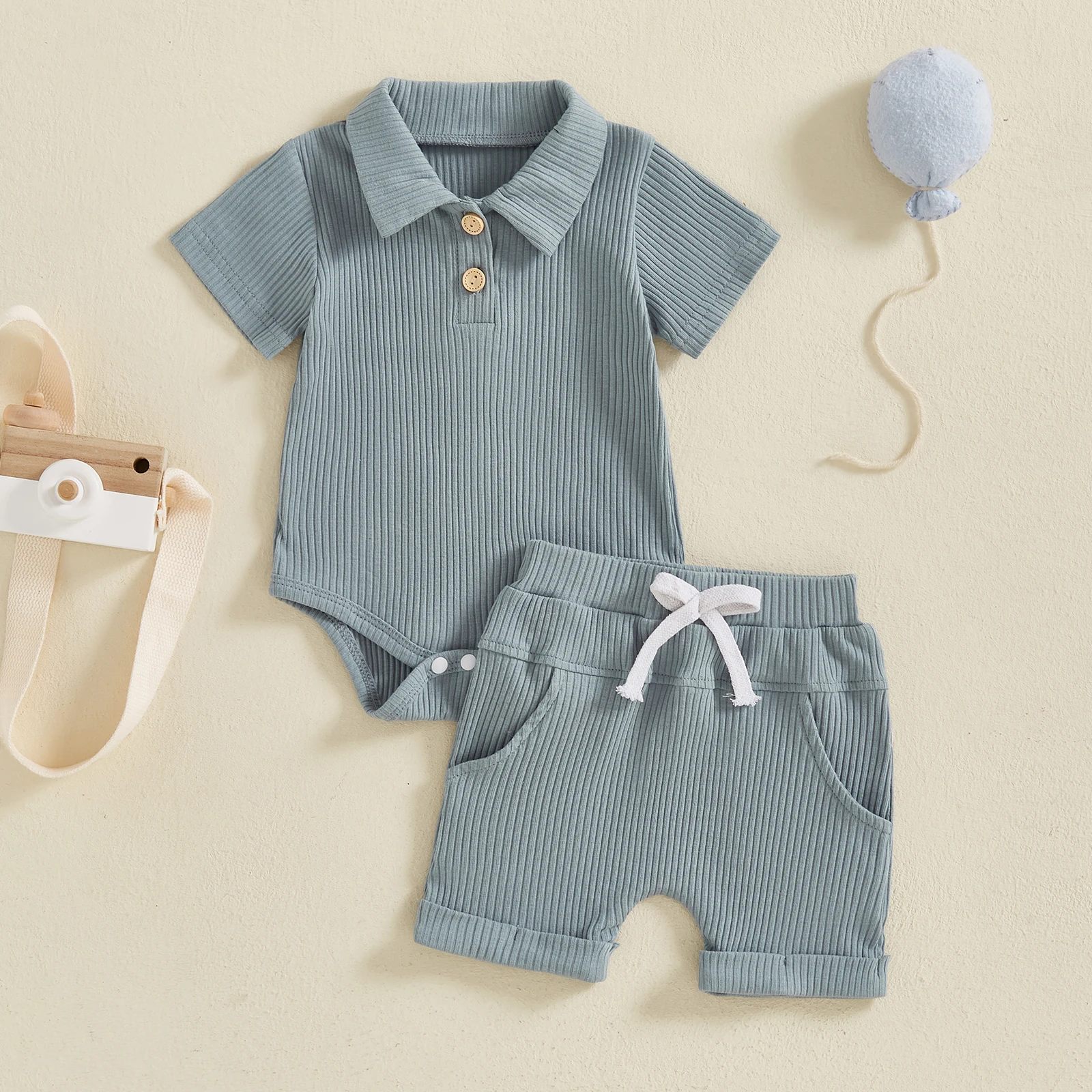 Summer New Ribbed Baby Boys Clothes Kids Infant 2Pcs Outfits Short Sleeve Lapel Collar Romper + Shorts Set Newborn Clothing Set