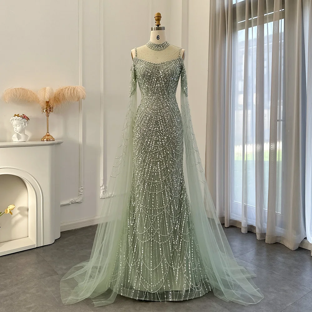

Honeyed Cocktail Party Dress Sage Green Mermaid Luxury Dubai Evening Dress with Cape Sleeves Elegant Women Purple Wedding Formal