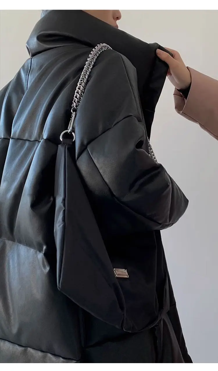 Winter Long Pu Leather Down Jacket Female Black Thick Warm Cotton Parka Outwears Women White Duck Down Knee Length Down Jackets