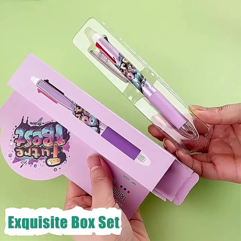 1pcs 3-color Erasable Ballpoint Pen Black Red Blue Ink Refill Panda, Cat, Bear, Color Letter Pattern Design for Office School