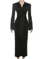 Sisterlinda Office Style Dress Women Shoulder Padded Zip Wrapped Bandage Full Sleeve Splits Elegant Solid Simple Long Bodycon - Image 6