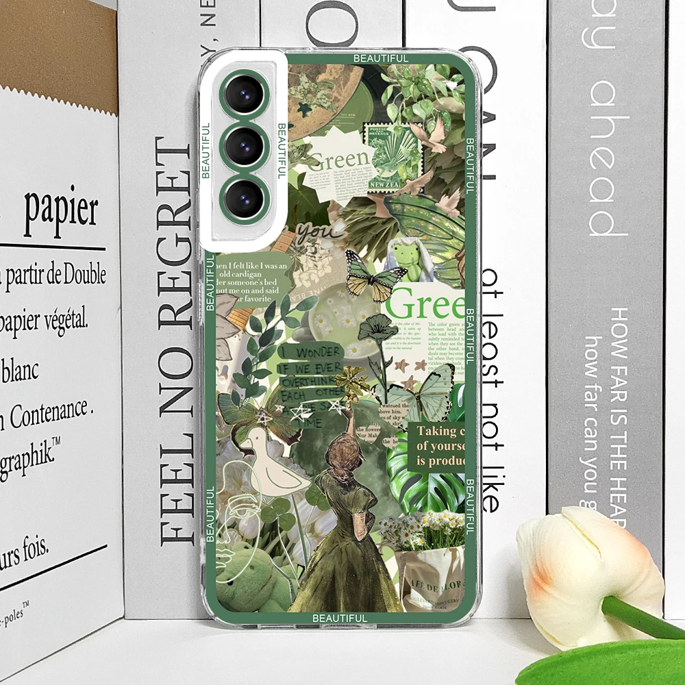 Cool Green Retro Flower Stickers Soft TPU Clear Phone Case Cover