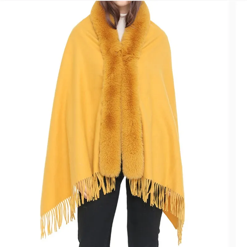 Winter Imitation Wool Collar Cloak Scarf Dual-purpose Female Imitation Cashmere Shawl  Ponchos Lady Capes Cloak Yellow Cardigan