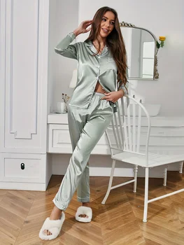 Solid Pajama Set Long Sleeve Button Up Lapel Top & Pants Pj Set Women's Sleepwear & Loungewear 4