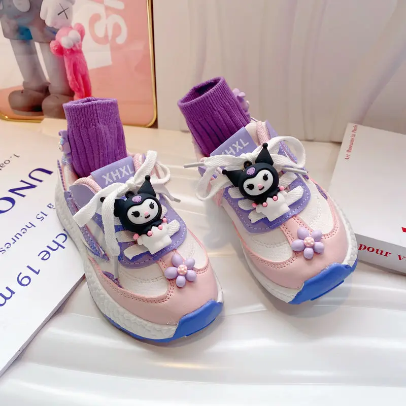 

Kawaii Sanrios Kuromi весна-осень детская обувь милые Мультяшные новые кожаные кроссовки для девочек Повседневная тонкая обувь на липучке без шнуровки