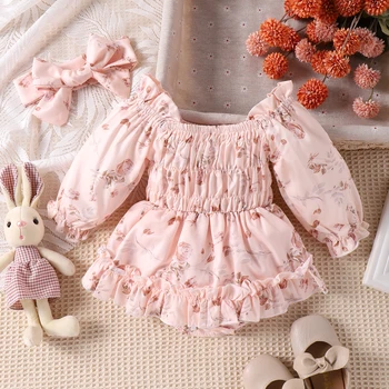 2PCS Spring And Autumn 0-1 Year Old Girl Baby Sweet And Cute Apricot Long-Sleeved Floral Skirt Hat + Hair Band Set 1