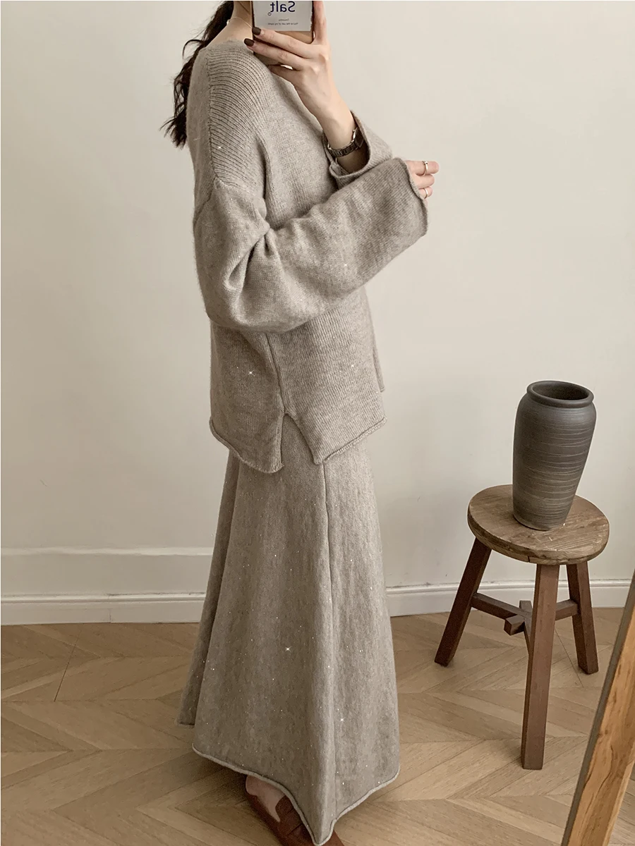 Sexy Soft Elegant Vintage Women Suits 2 Pieces Female Sets Slash Neck Sweater & Midi Dress Bling Knitted TrackSuit