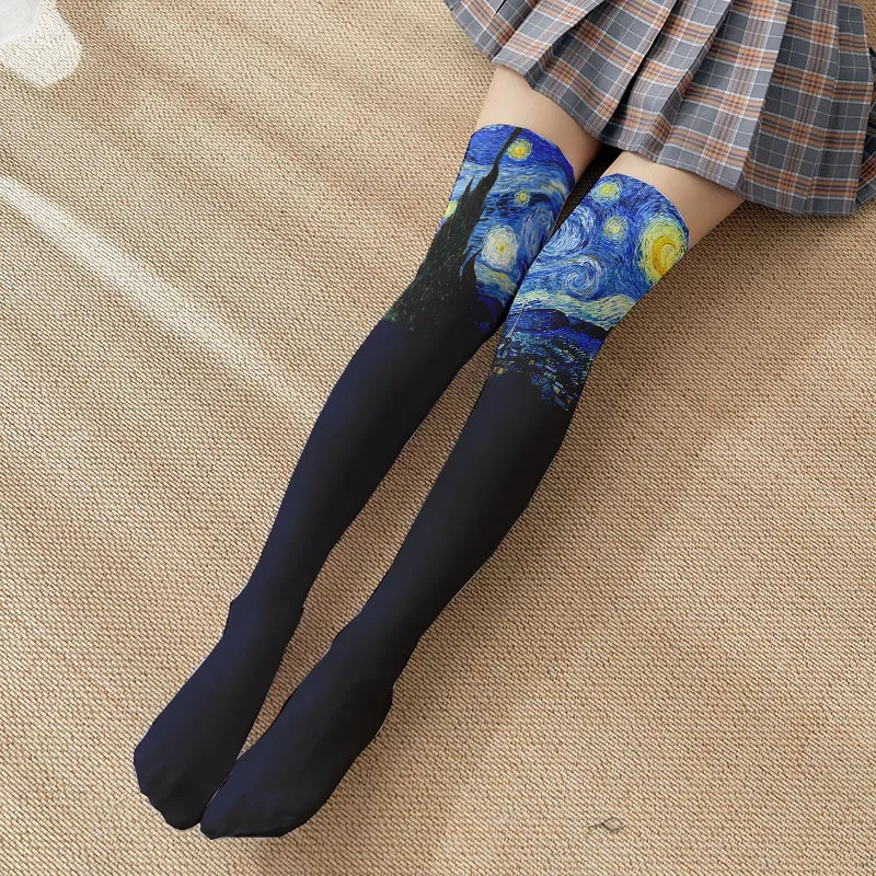 Oil Painting Long Stockings Sunflower Mona Lisa Thigh High Socks For Women Over Knee Cute The Starry Night Thin Legwear Van Gogh
