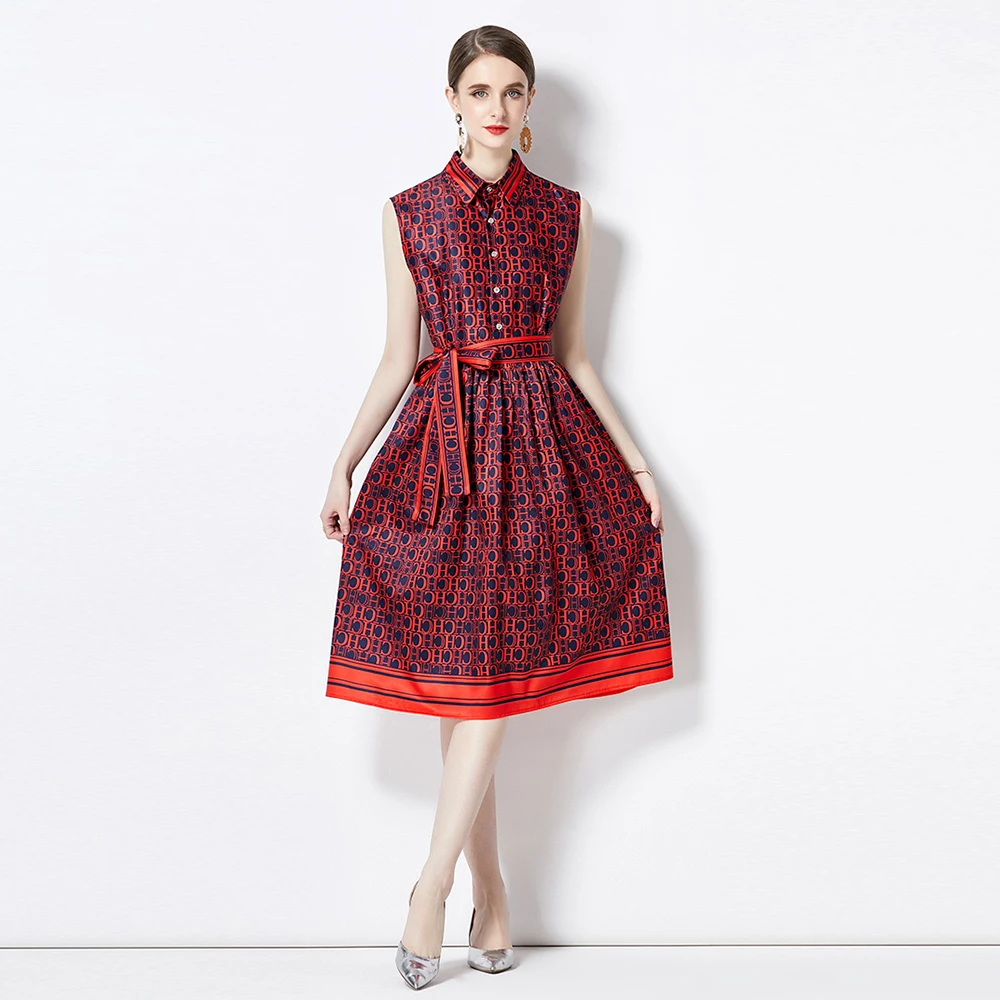 

Elegant Dress For Women Summer Color Contrast Letter Print Lapel Sleeveless Shirt Dress Fashion Runway Midi Vestidos