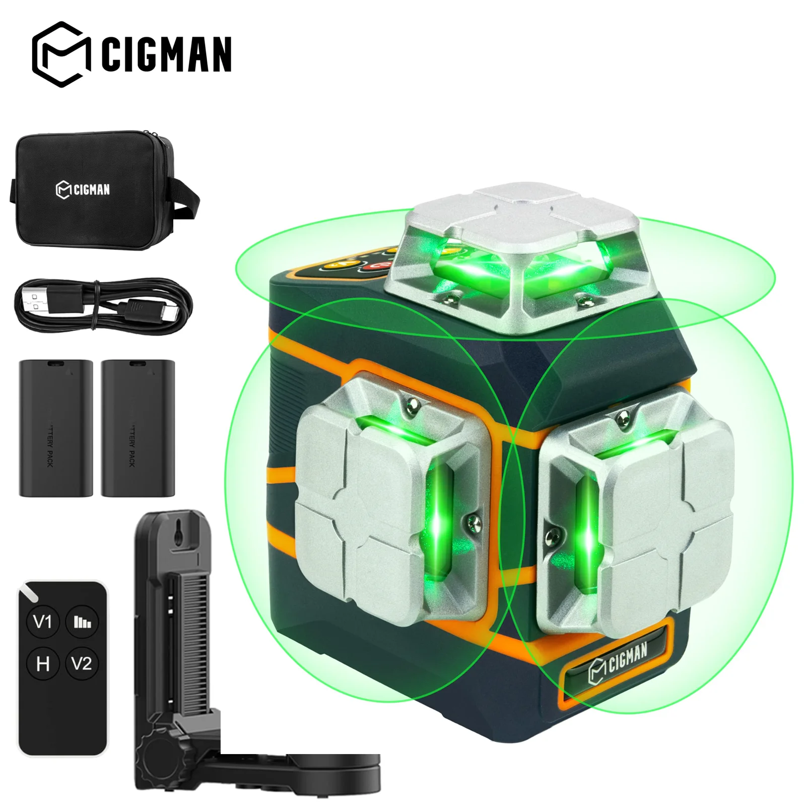 CIGMAN Laser Level CM-801 Laser Level Self Leveling 3x360°3D Green Cross Line with 2 Rechargeable Batteries Measuring Instrument