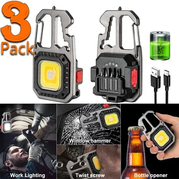 1-3PacK Multifunction Keychain Lighting 7 Modes COB Flashlight Portable Rechargeable Emergency Camping Outdoor Hiking Work Lamps