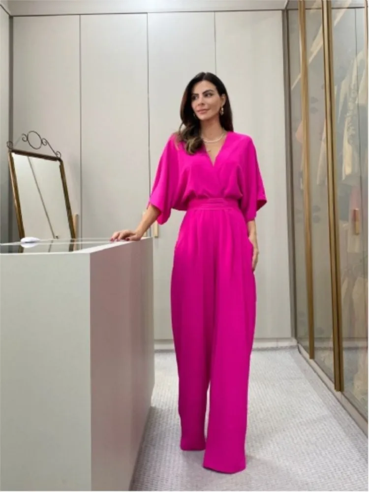 

Women's New V-Neck Bat Sleeve Short Sleeve Open Back Lace Up Straight Tube Pants Long Pants Temperament Jumpsuit