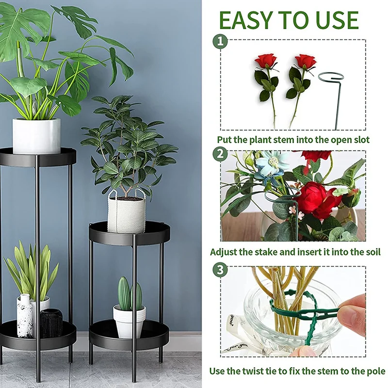 Plant Support Stakes, 15.7 Inch Plant Support Garden Stakes, Flower Stakes Support with 24 Pcs Twist Ties