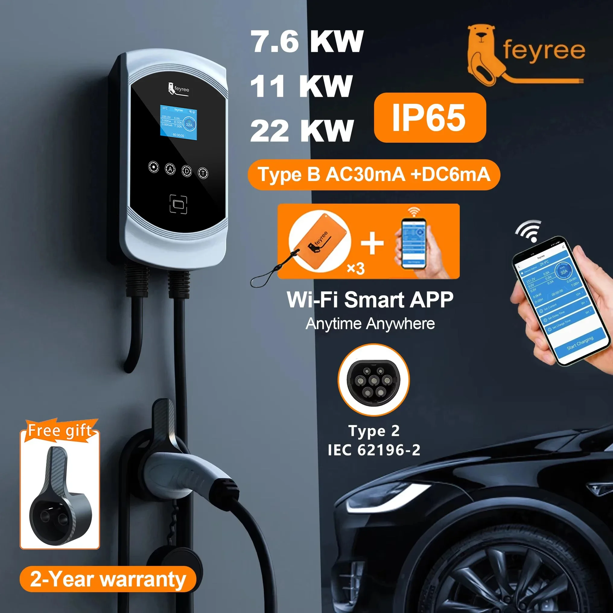 Feyree EV Charger 32A 7.6KW Electric Vehicle Car Charger EVSE Wallbox 11KW 22KW 3Phase Type2 Cable IEC62196-2 Socket APP Control