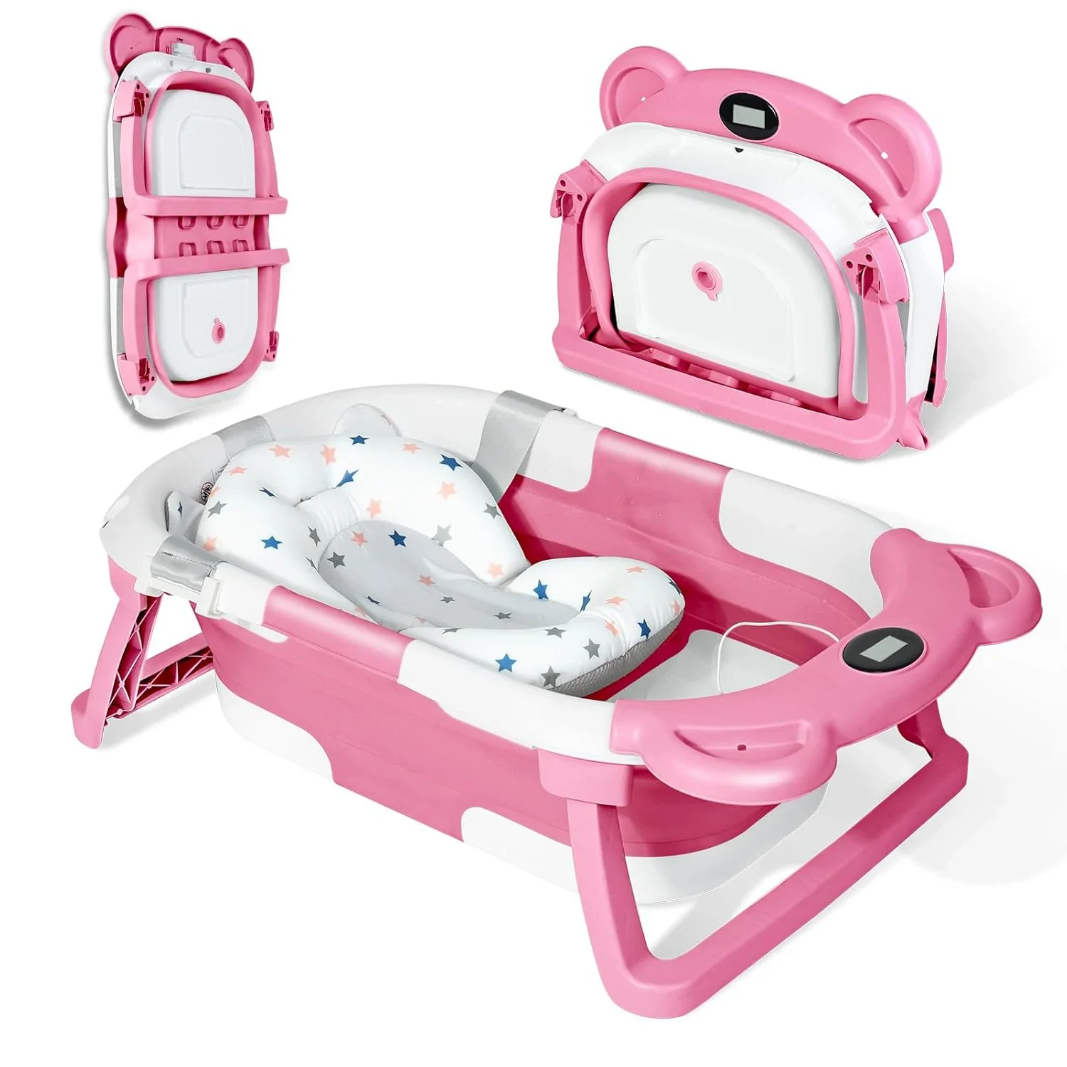 Zusammenklappbare Babybadewanne für Neugeborene mit Thermometer und 1 weichem schwimmendem Kissen, tragbare Reisebadewanne mit Abflussloch, Babywannen – Detail 11