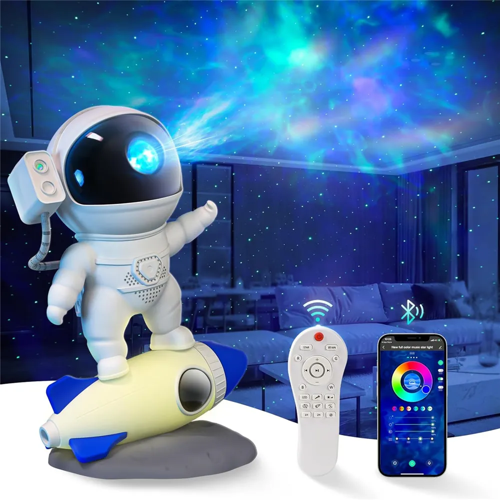 

Rocket Nebula Astronaut Galaxy Star Projector Night Light, 360° Rotating Starry Lamp with Remote + APP, 8 Colors for Kids Gift