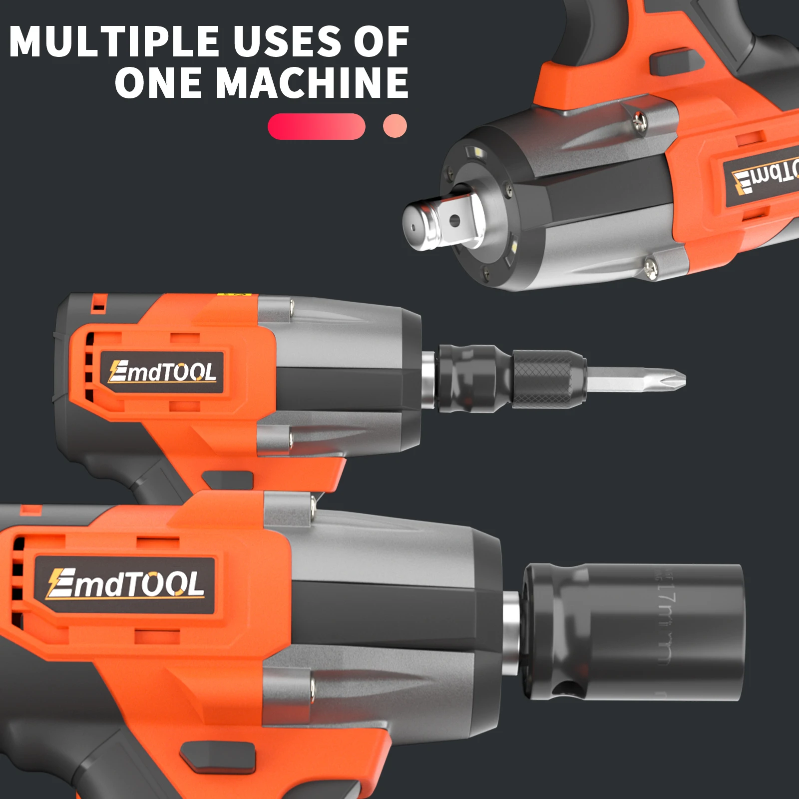 EMDTOOL 1/2 Zoll kabelloser bürstenloser Schlagschrauber, variable Geschwindigkeit 3200 U/min, max. Drehmoment 1500 Nm mit 4-Steckschlüsselsätzen Schlagpistole – Detail 4
