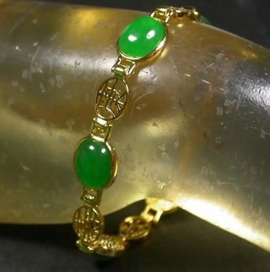 

Yellow Gold Plate CHINESE Green JADE Cabochon Fu Lucky Bangle Bracelet