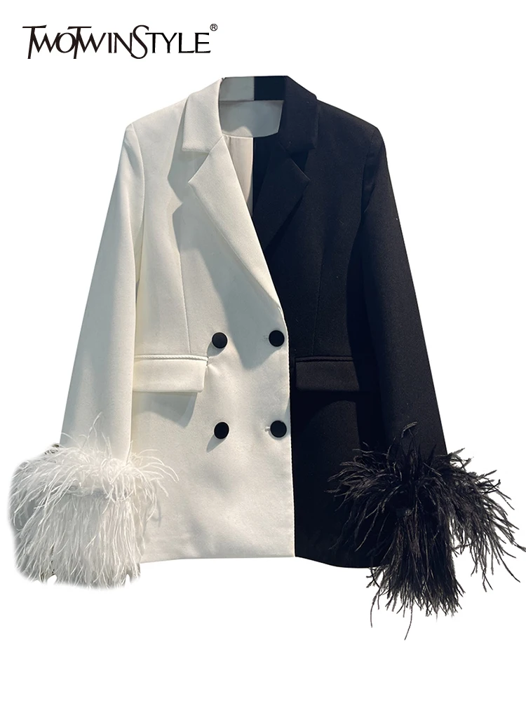 TWOTWINSTYLE Patchwork Feathers Blazer For Women Notched Collar Long