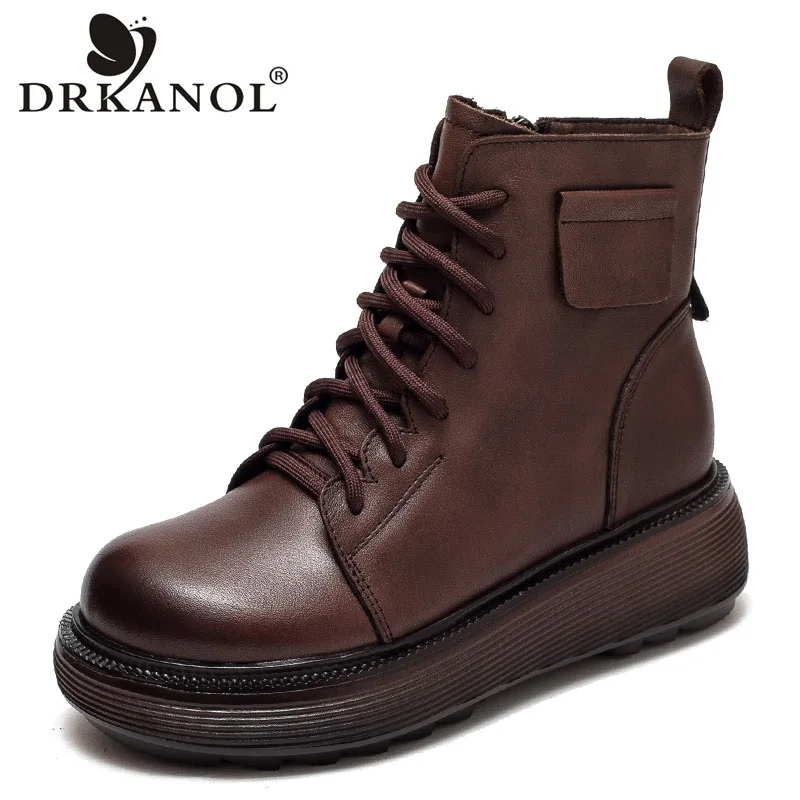 

DRKANOL Handmade Retro Women Boots Wedges Heel Chunky Platform Genuine Cow Leather Ankle Boots For Women Autumn Winter H22219J