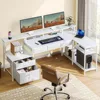L Shaped Desk with File Drawers, 64" Home Office Desk with Power Outlet & LED Lights, 2