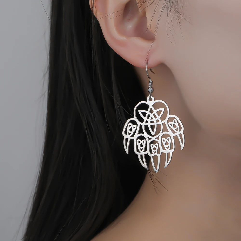 Dawapara Bärenpfoten-Dreifaltigkeitsknoten-Ohrringe, Vintage Tribal Triquetra Stärkesymbol Keltischer Schmuck, Edelstahl-Hängeohrringe – Detail 4