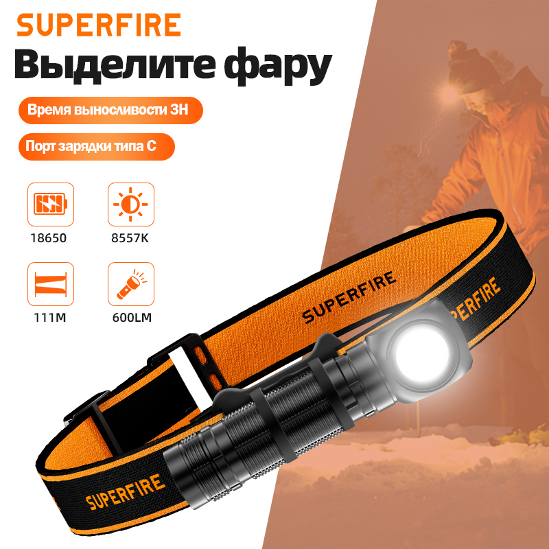  New SUPERFIRE HS60 LED Headlamp Rechargeable 90° Headlight 18650 Type C Torch with Indicator Magnet Tail Lamp Head Flashlight 